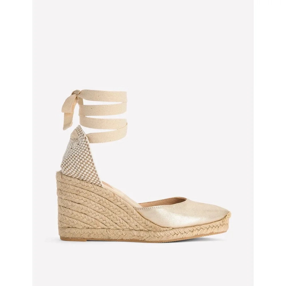 Boden Metallic Gold Espadrille Wedges Ribbon Ankle Tie Made in Spain Size 38